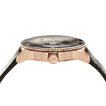 Side profile of Emporio Armani AR11556 showing rose gold PVD case thickness and Armani logo on crown.