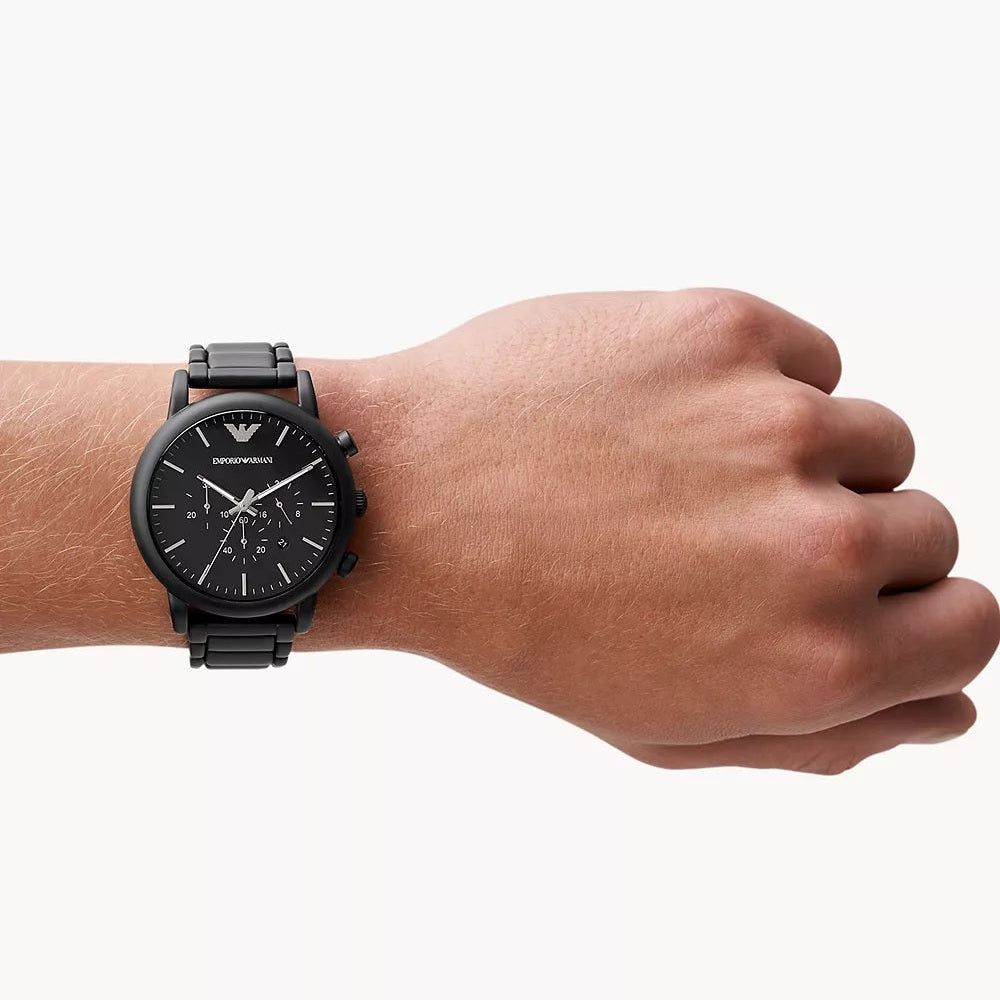 Studio model wearing Emporio Armani AR1895 to demonstrate wrist fit, sizing, and the all-black aesthetic.
