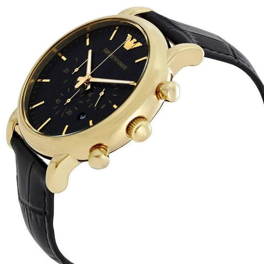 Angled view of Emporio Armani AR1917 Ceramica watch showing polished black ceramic links and bezel depth.
