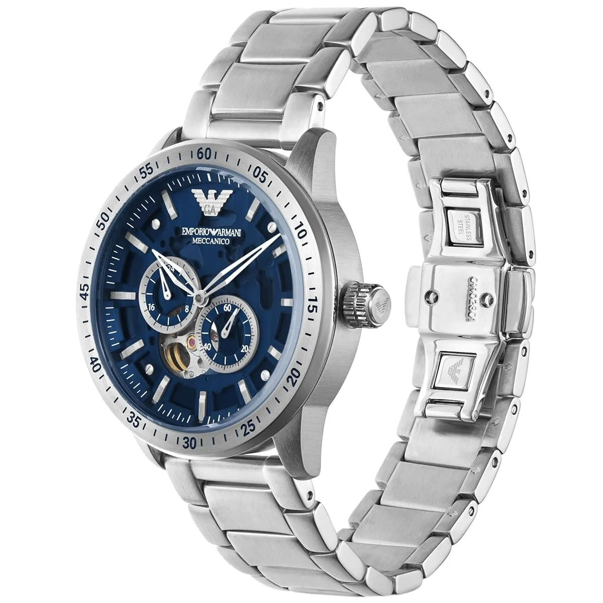 Silver watch with blue face