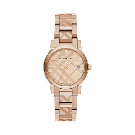 A Burberry women's watch featuring a rose gold-tone metal bracelet and case with the brand's signature check pattern on the dial and bracelet links.