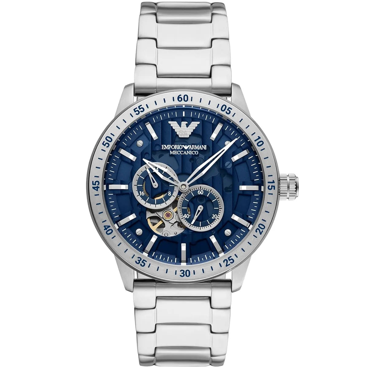 Silver watch with blue dial on a white background