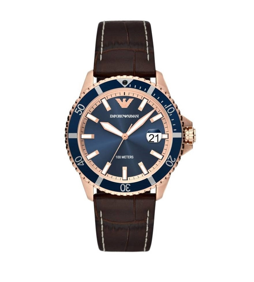 Front view of Emporio Armani AR11556 men's watch featuring blue sunray dial, rose gold case, and date window.