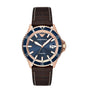 Front view of Emporio Armani AR11556 men's watch featuring blue sunray dial, rose gold case, and date window.