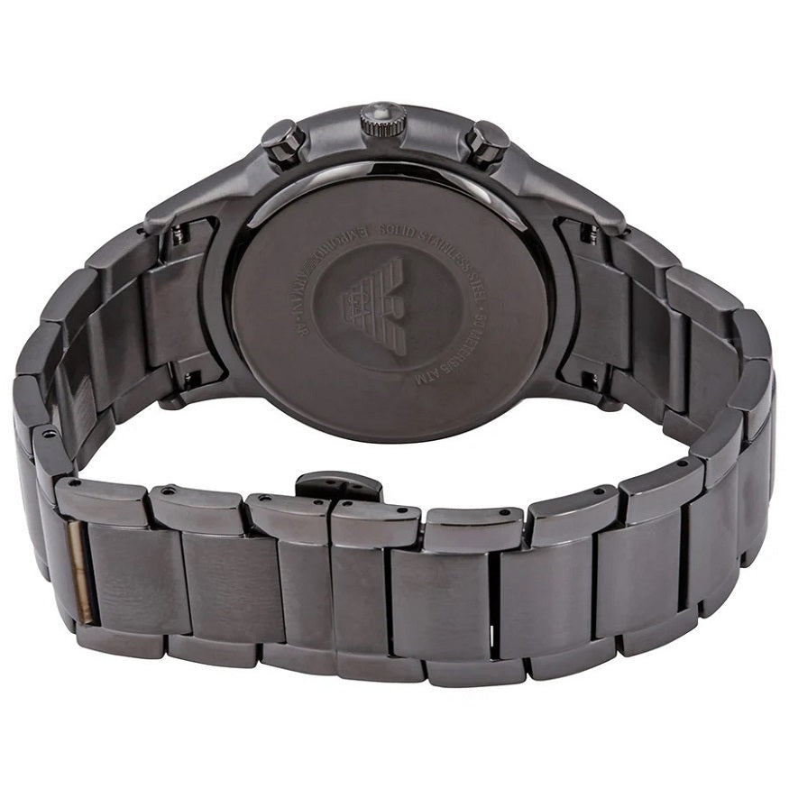 Back of Emporio Armani AR11215 men’s watch displaying stainless steel case back and clasp design