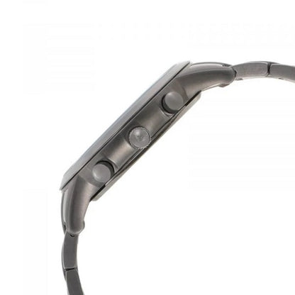 Side angle of Emporio Armani AR11215 Renato men’s watch highlighting slim stainless steel case and brushed grey strap