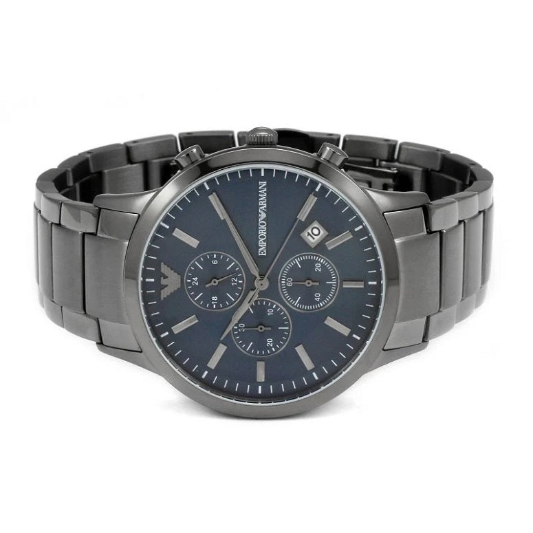 Top-down horizontal view of Emporio Armani AR11215 men’s watch showing blue dial and grey stainless steel bracelet
