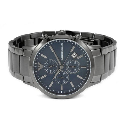 Top-down horizontal view of Emporio Armani AR11215 men’s watch showing blue dial and grey stainless steel bracelet