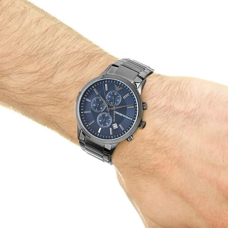 Emporio Armani AR11215 men’s watch worn on wrist showing elegant blue dial and grey stainless steel bracelet