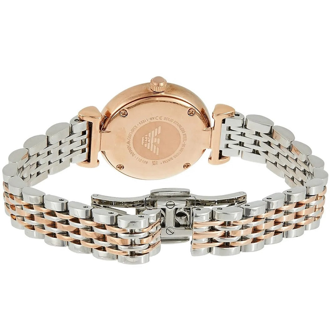 Back of Emporio Armani AR11223 women’s watch showing stainless steel case back and clasp design