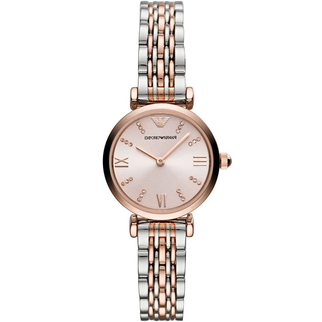 Front view of Emporio Armani AR11223 women’s watch with silver and rose gold stainless steel strap and rose gold dial