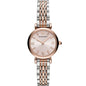 Front view of Emporio Armani AR11223 women’s watch with silver and rose gold stainless steel strap and rose gold dial