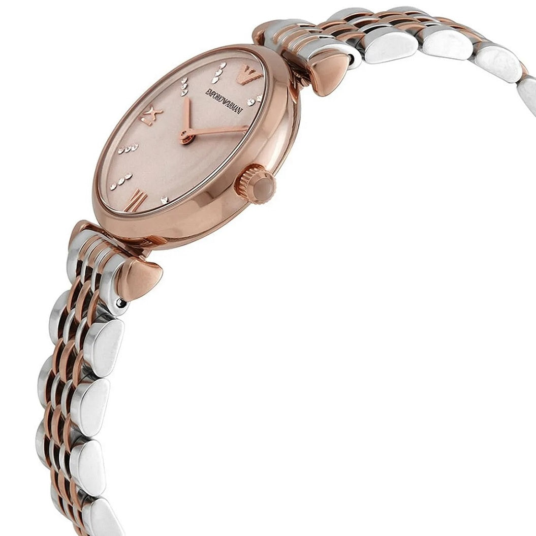 Side angle of Emporio Armani Gianni T-Bar AR11223 women’s watch showing slim stainless steel case and two-tone strap