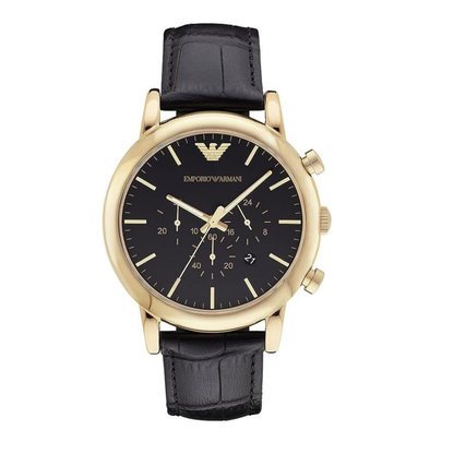 Front view of Emporio Armani AR1917 men's watch featuring black dial, gold indices, and chronograph sub-dials.