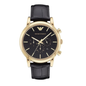 Front view of Emporio Armani AR1917 men's watch featuring black dial, gold indices, and chronograph sub-dials.