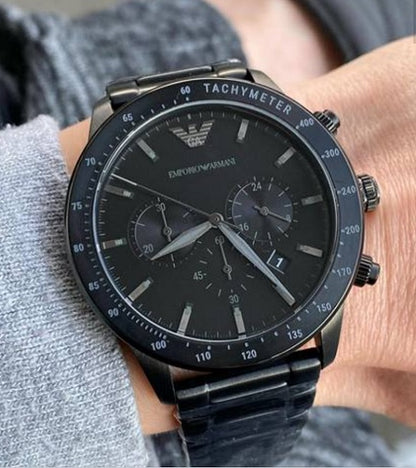 Close wrist shot of Emporio Armani AR11242 with black chronograph dial