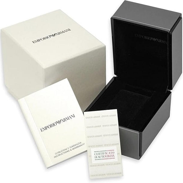 Emporio Armani packaging with a black box, white card, and certificate on a white background
