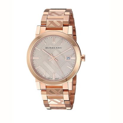 Front view of Burberry BU9146 women’s rose gold stainless steel watch with matching dial