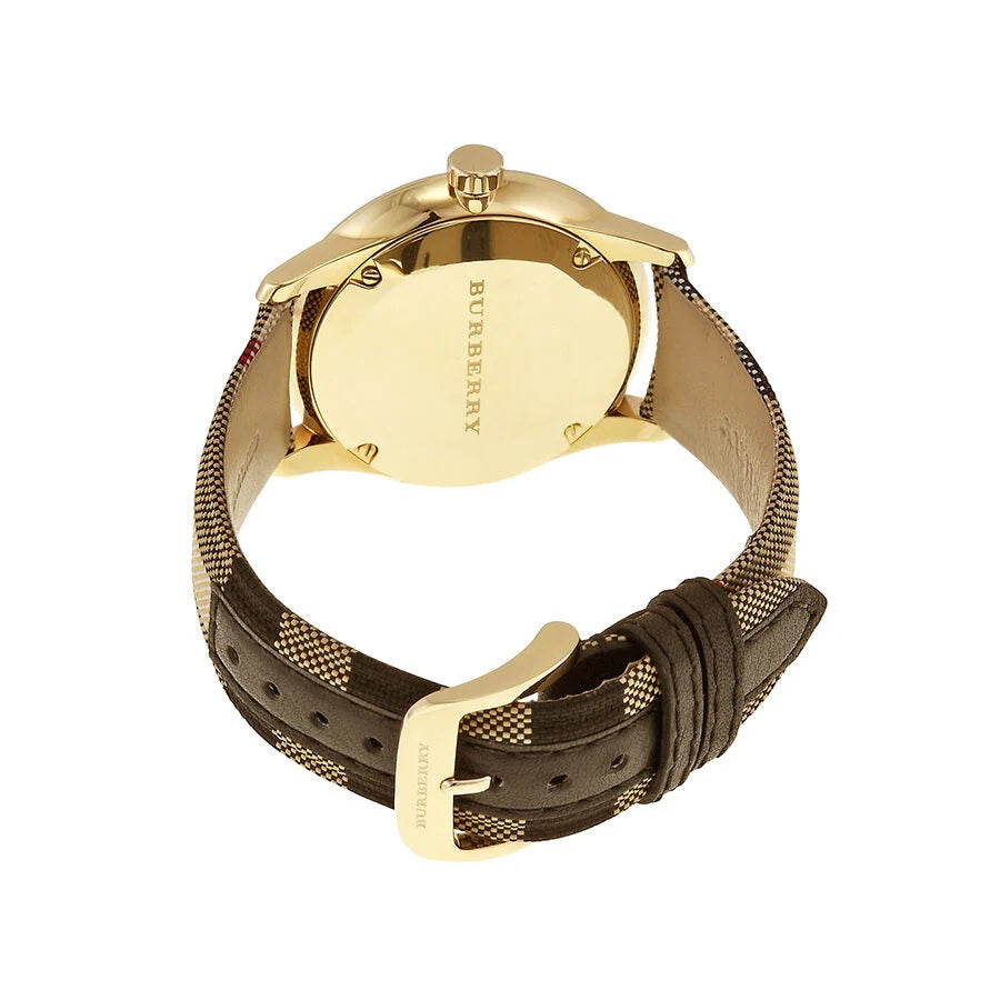 Back case view of Burberry BU10001 men's watch with leather multicolour strap and gold case