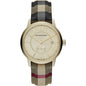 Front view of Burberry BU10001 men's watch with leather multicolour strap, gold dial, and gold case from The City collection