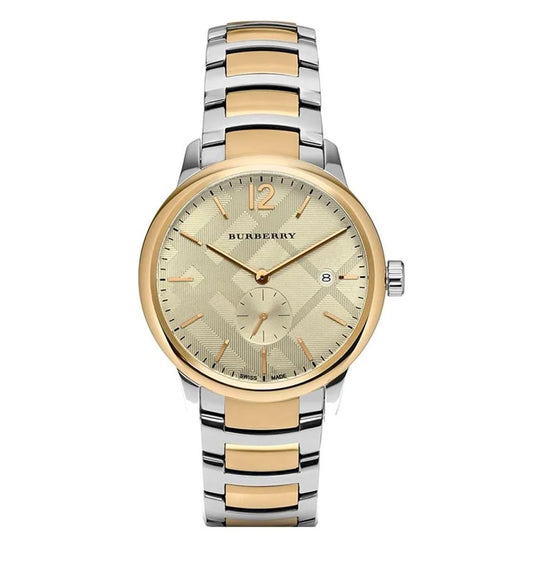 Front view of the Burberry BU10011 The City men's watch featuring a two-tone silver and gold stainless steel bracelet, champagne check dial, and sub-second dial.