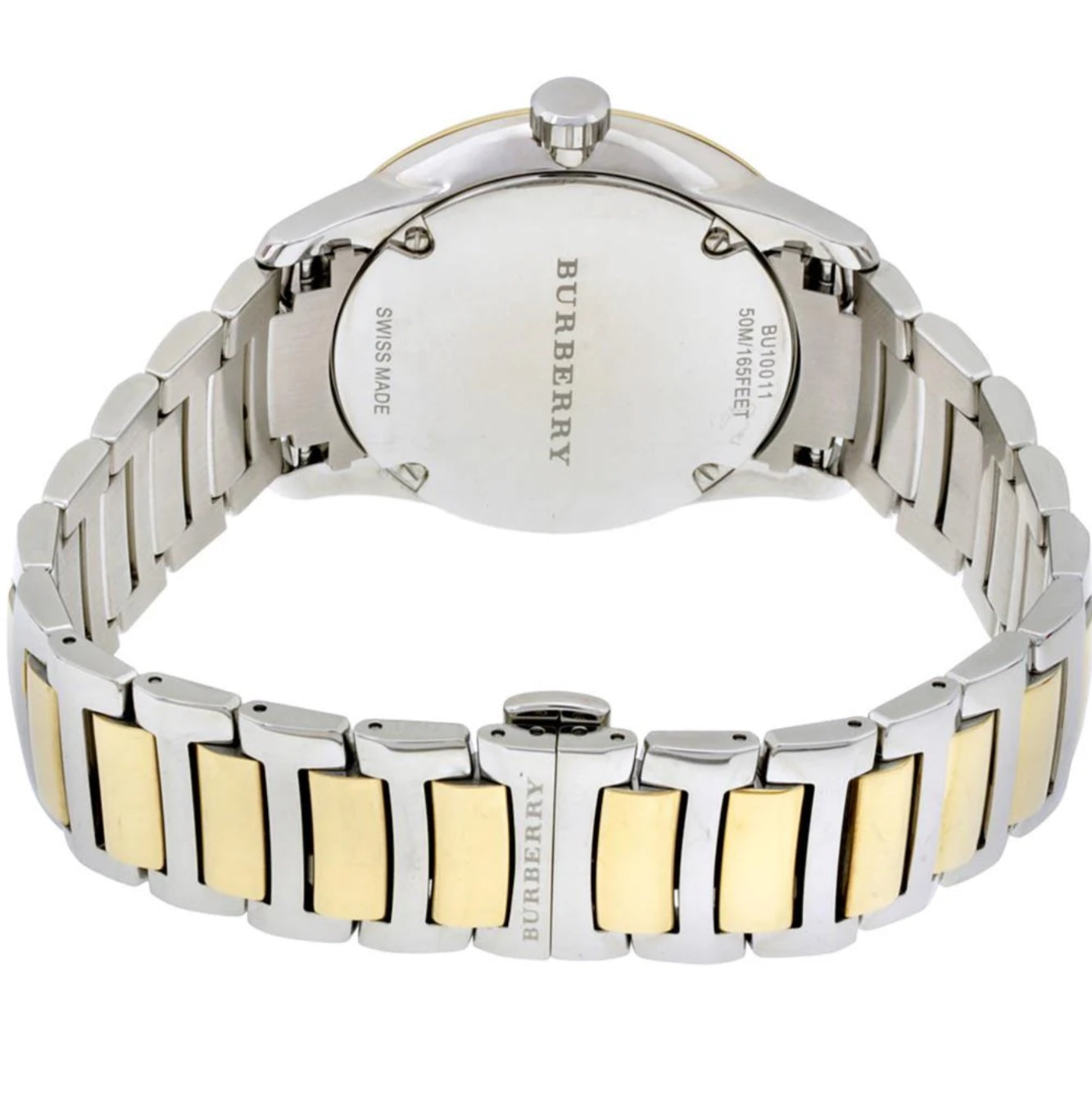 Rear view of the Burberry BU10011 men's watch highlighting the open stainless steel butterfly deployment clasp and case back.