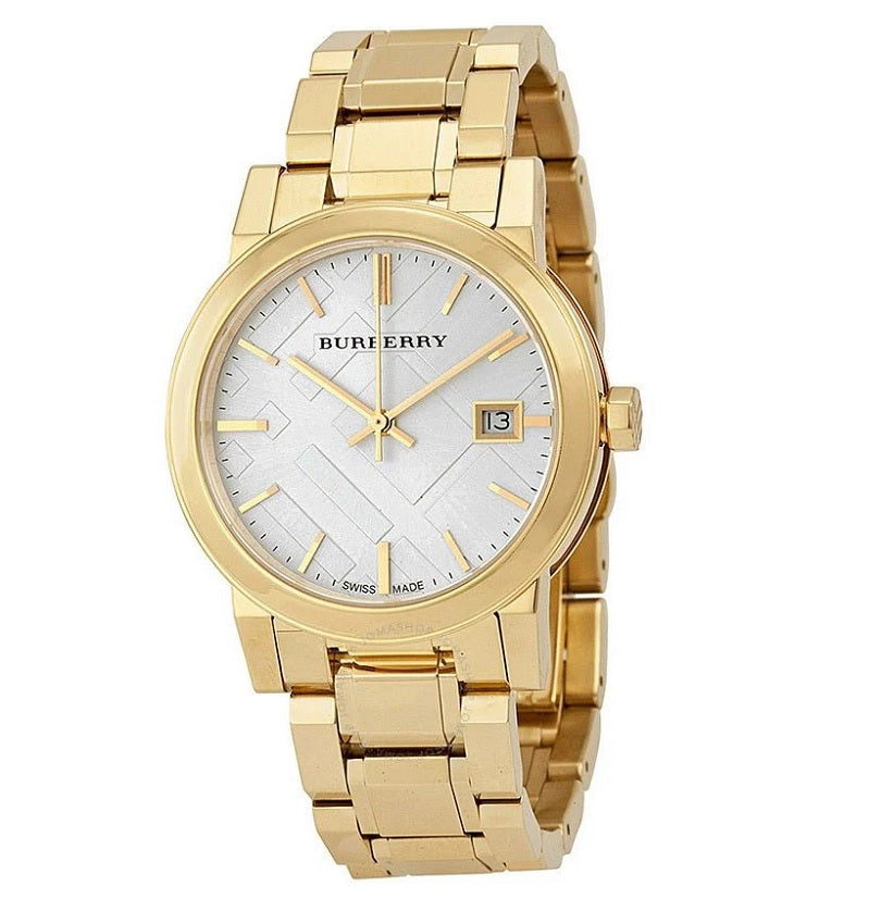 Angled view of the Burberry BU9003 showcasing the gold-tone case, white check-patterned dial, and link bracelet.