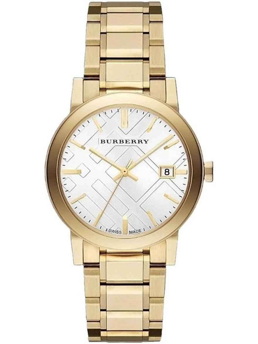 Front view of the Burberry BU9003 The City unisex watch featuring a gold-tone stainless steel bracelet, white textured check dial, and date window.