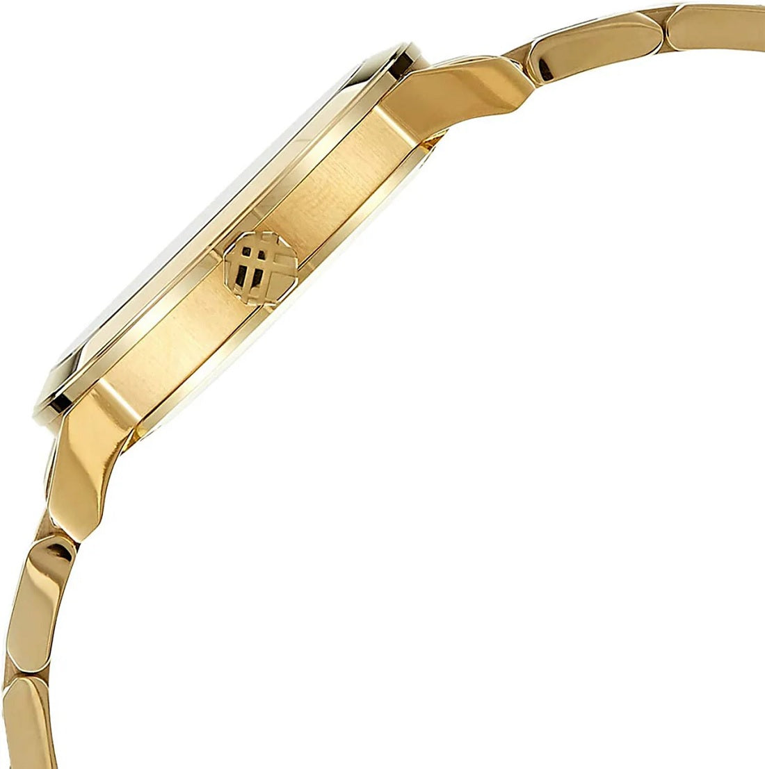 Side profile view of the Burberry BU9003 watch showing the slim gold-tone case design and crown detail.