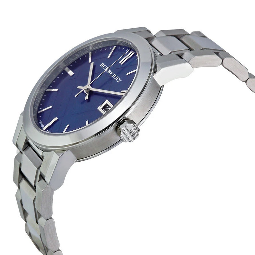 Angled shot of Burberry BU9031 watch highlighting its silver case and blue dial