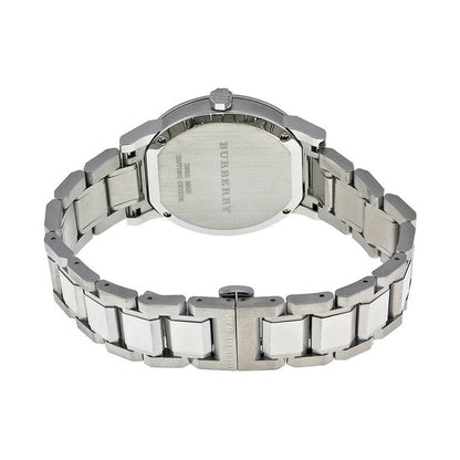 Back case view of Burberry BU9031 watch showing stainless steel finish