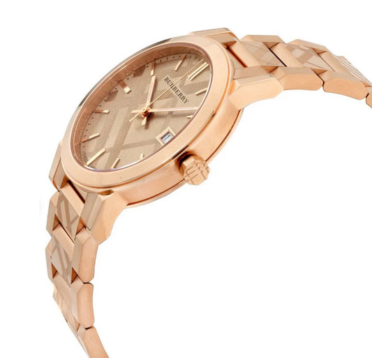 Angled view of the Burberry BU9039 showcasing the rose gold-tone case, textured dial, and check-patterned link bracelet.