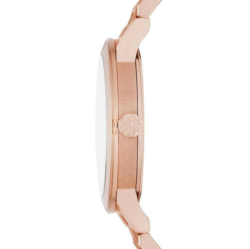 Side profile view of the Burberry BU9039 watch showing the slim rose gold-tone case and crown detail.