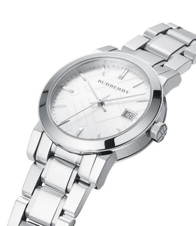 Detailed close-up of Burberry BU9100 silver dial with minimalist design and classic markers