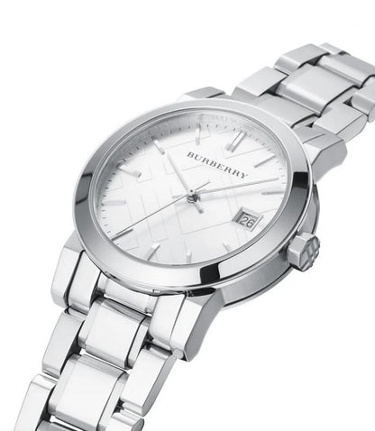 Detailed close-up of Burberry BU9100 silver dial with minimalist design and classic markers