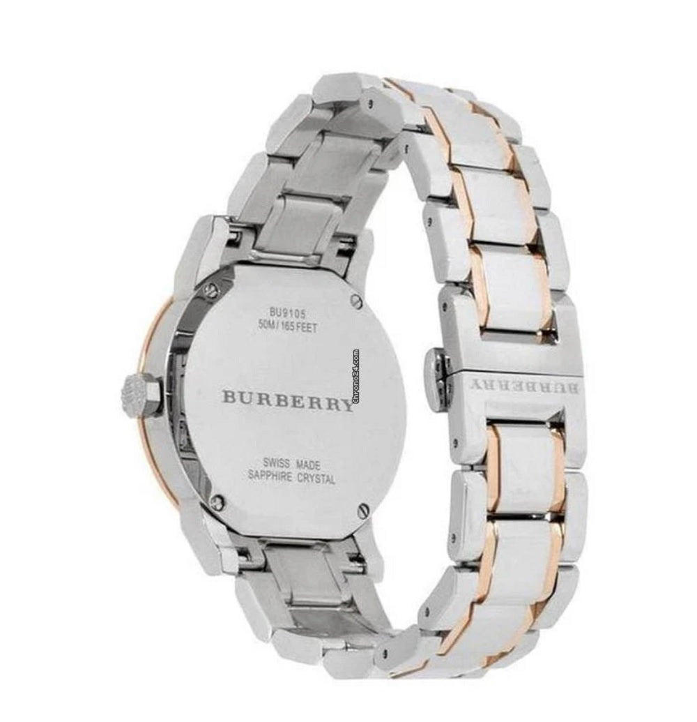  Back view of the Burberry BU9105 watch, showing the engraved stainless steel caseback.