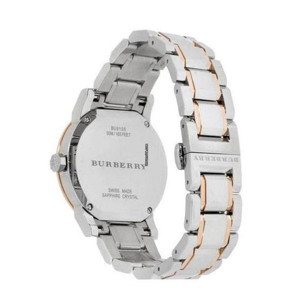  Back view of the Burberry BU9105 watch, showing the engraved stainless steel caseback.
