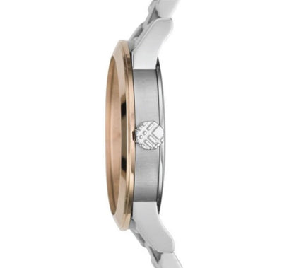 Side profile of the Burberry BU9105 watch with a silver strap and rose gold case.