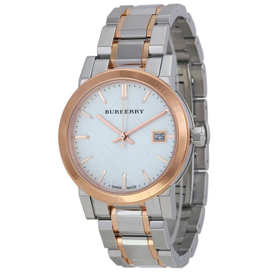 Burberry BU9105 The City women's watch with a silver dial and rose gold case, front view.