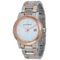 Burberry BU9105 The City women's watch with a silver dial and rose gold case, front view.