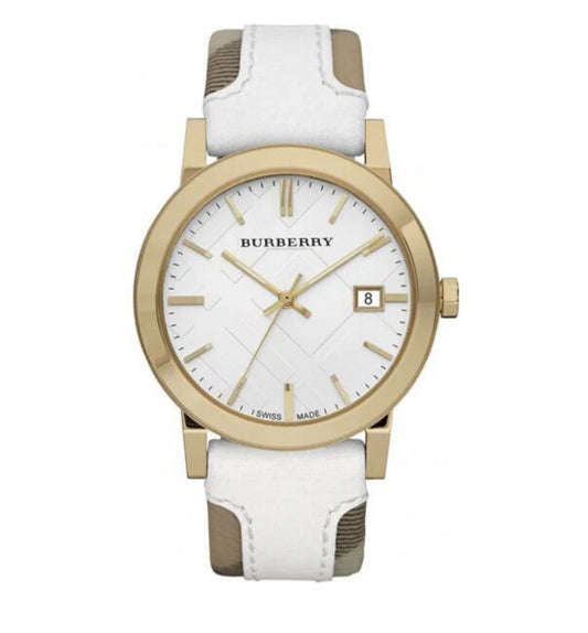 Front view of the Burberry BU9110 The City women's watch featuring a gold-tone case, textured white dial, and white leather strap with check pattern detailing.