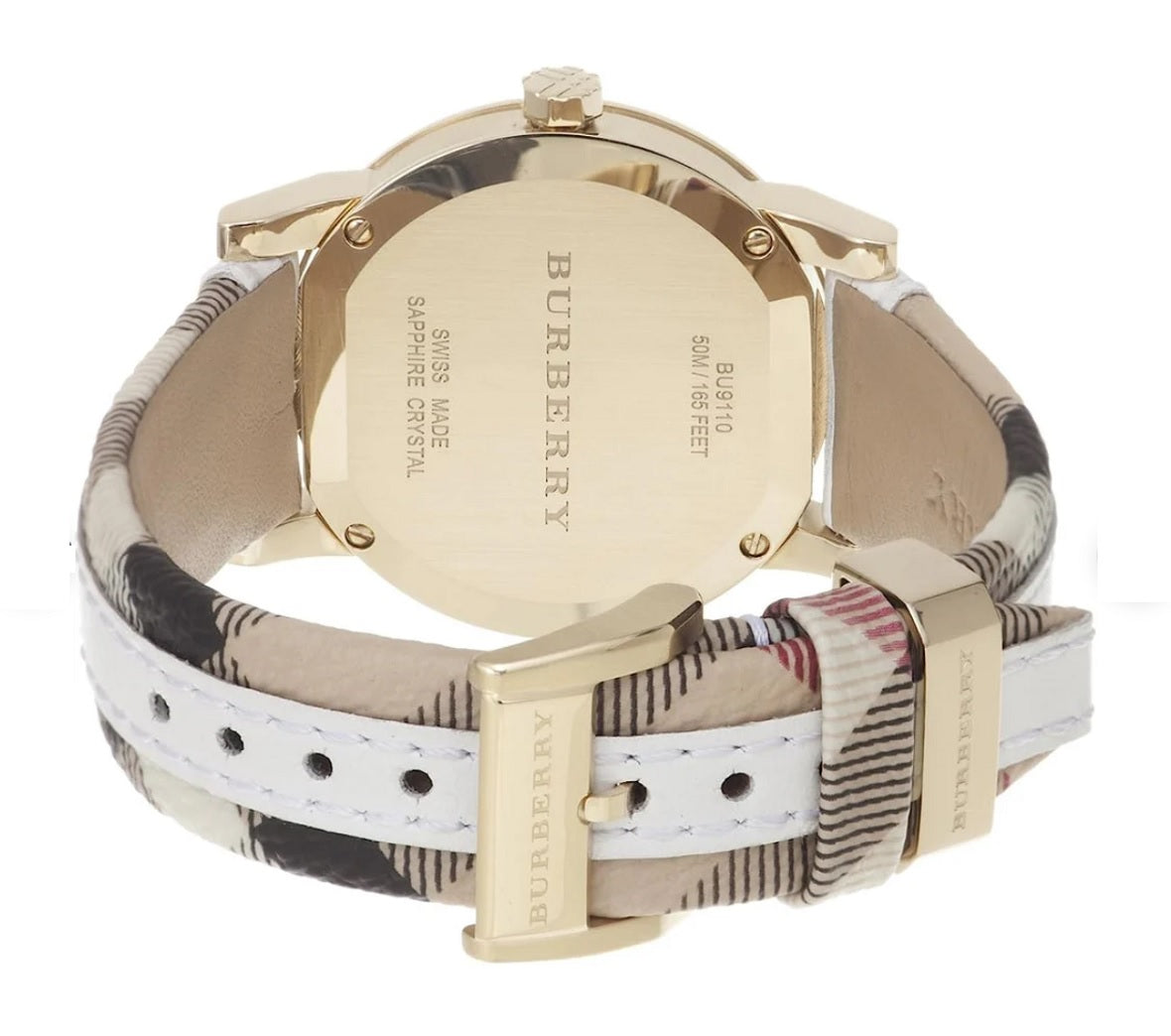 Rear view of the Burberry BU9110 women's watch showing the gold-tone tang buckle, solid case back, and iconic check pattern on the strap.