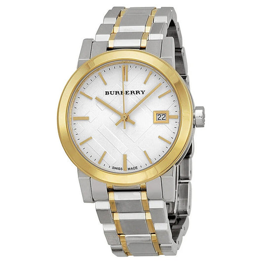 Close-up of Burberry BU9115 silver dial with gold-tone case and index markers