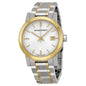 Close-up of Burberry BU9115 silver dial with gold-tone case and index markers