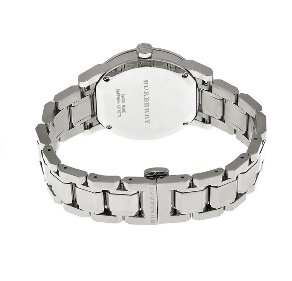 Rear view of the Burberry BU9124 women's watch highlighting the closed silver-tone stainless steel butterfly deployment clasp and case back.