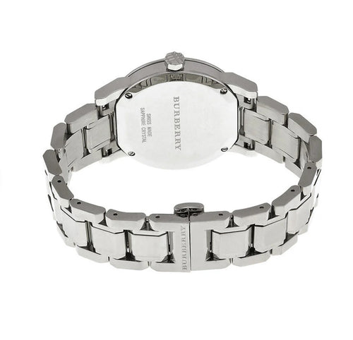 Rear view of the Burberry BU9124 women's watch highlighting the closed silver-tone stainless steel butterfly deployment clasp and case back.