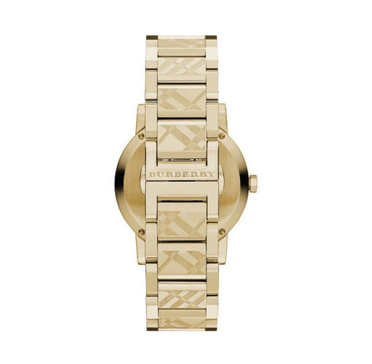 Rear view of the Burberry BU9145 women's watch highlighting the signature check pattern engraved on the gold-tone stainless steel link bracelet.