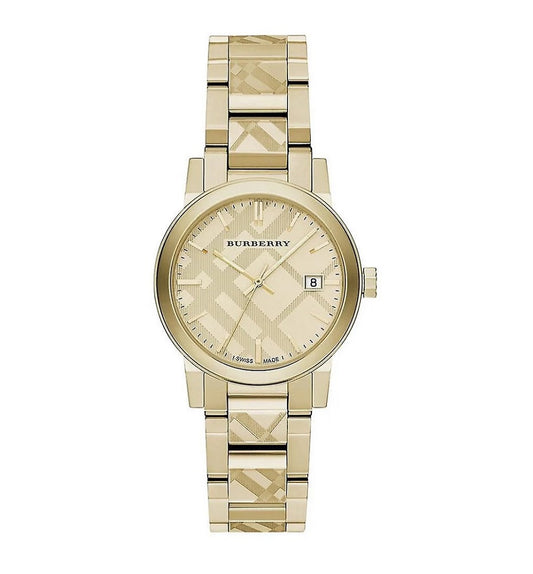 Front view of the Burberry BU9145 The City women's gold-tone watch featuring a check-patterned dial and an engraved check stainless steel bracelet.