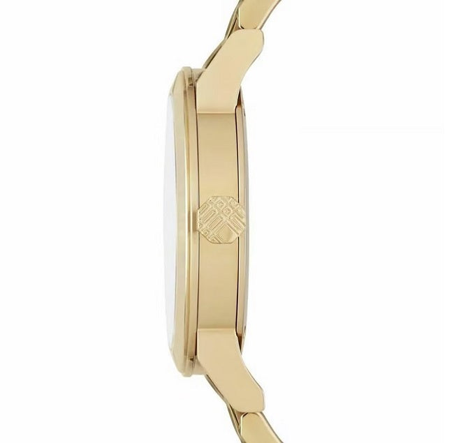 Side profile view of the Burberry BU9145 watch highlighting the slim gold-tone case design and textured crown.