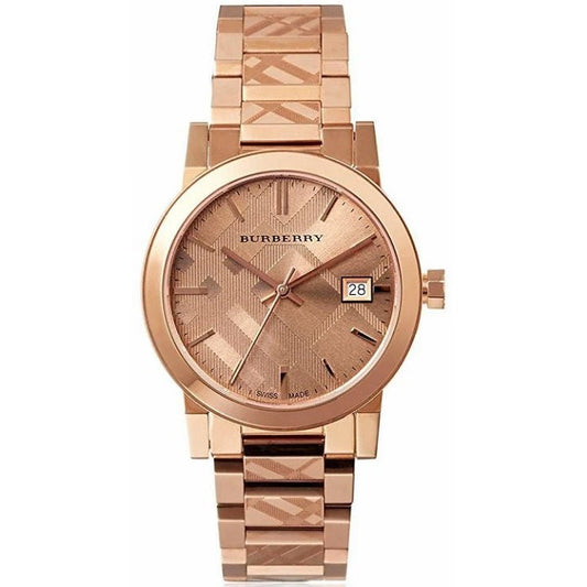 Close-up of Burberry BU9146 rose gold dial and minimalist face design